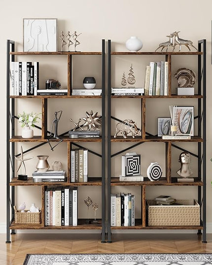 5 Tier Bookshelf with Storage, 61 Inch Tall Industrial Book Shelf with Open Display Bookshelves, 5 Shelf Bookcase with Metal Frame for Living Room, Bedroom and Home Office-Rustic Brown - LeafyLoom
