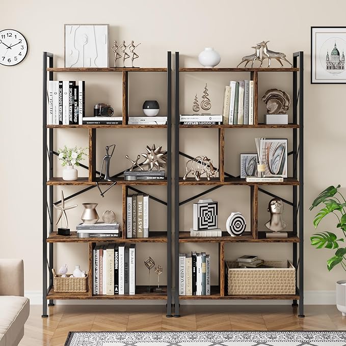 5 Tier Bookshelf with Storage, 61 Inch Tall Industrial Book Shelf with Open Display Bookshelves, 5 Shelf Bookcase with Metal Frame for Living Room, Bedroom and Home Office-Rustic Brown - LeafyLoom