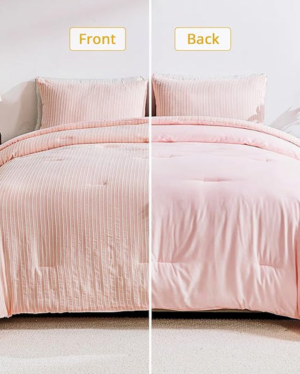 ENCOFT Light Pink King Size Comforter Set, 3 Piece Textured Striped Comforter Set King, Soft Microfiber Lightweight White and Pink Comforter King Bed Set, with 2 Pillowcases, 104x90 Inches - LeafyLoom