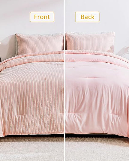 ENCOFT White and Pink Queen Size Comforter, 3 Pieces Textured Boho Striped Comforter for Queen Size Bed, Soft Microfiber All Seasons Girls Comforter Queen 90x90 Inches - LeafyLoom