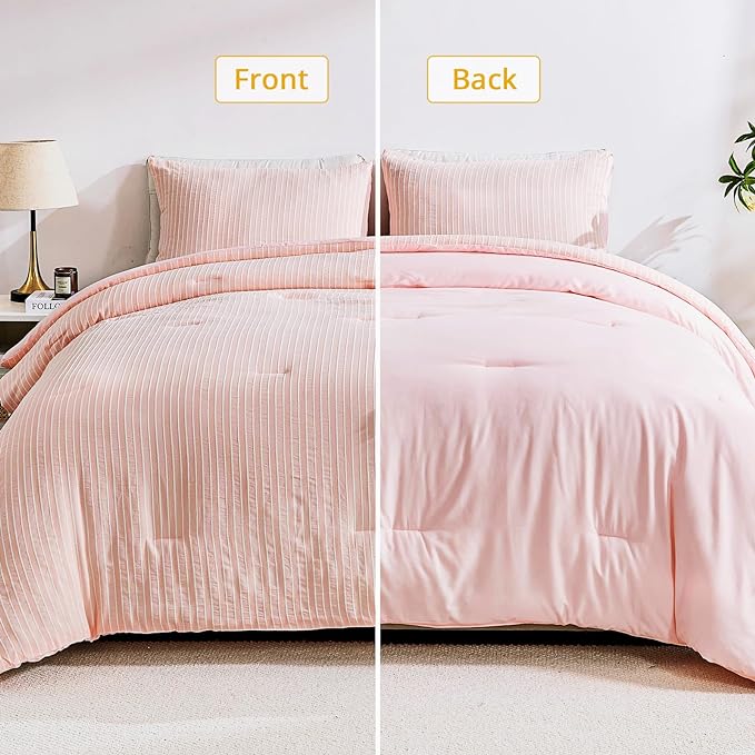 ENCOFT White and Pink Queen Size Comforter, 3 Pieces Textured Boho Striped Comforter for Queen Size Bed, Soft Microfiber All Seasons Girls Comforter Queen 90x90 Inches - LeafyLoom