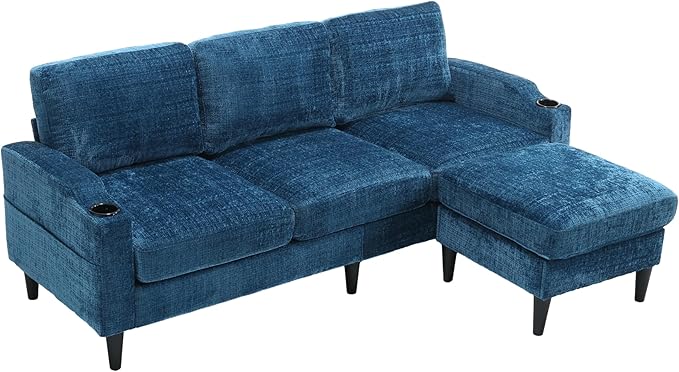 Convertible Sectional Sofa with Movable Storage Ottoman and Cupholders, 3 Seater L-Shaped Corner Couch,Chenille Upholstered Furniture w/Detachable Thicked Cushions for Living Room, Small Space - LeafyLoom