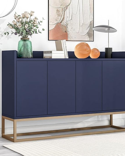 Sideboard Buffet Cabinet with Large Storage Space,Modern Particle Board Kitchen Console Table,W/ 4 Doors and Gold Metal Legs,Dining Room,Entryway,Navy, 47.2" - LeafyLoom