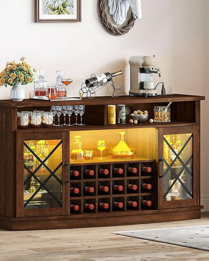 DWVO Wine Bar Cabinet with LED Light, 58'' Large Wine Cabinet w/Storage, Tempered Glass Doors, Adjustable Shelf, 32'' Tall Coffee Bar for Living Room, Dining Room, Rustic Brown - LeafyLoom