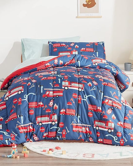 SLEEP ZONE Kids Bedding Twin Comforter Set - Super Soft & Cute Printed 2-Piece Comforter Set All Seasons for Boys, Girls, Fade Resistant, Machine Washable, Fire Truck - LeafyLoom