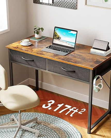 ODK 40 Inch Small Desk with Fabric Drawers- for Bedroom, Vanity Desk with Storage, Home Office Computer Desk for Small Spaces, Modern Work Writing Study Table, Vintage - LeafyLoom