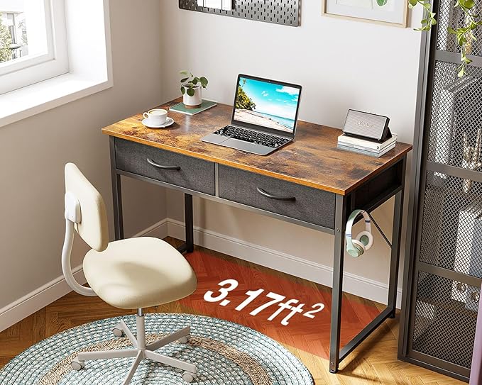 ODK 40 Inch Small Desk with Fabric Drawers- for Bedroom, Vanity Desk with Storage, Home Office Computer Desk for Small Spaces, Modern Work Writing Study Table, Vintage - LeafyLoom