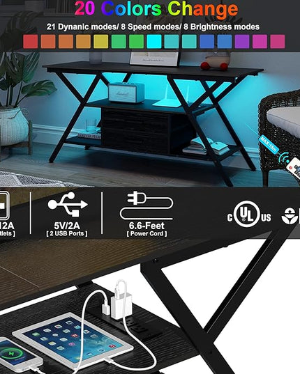 Modern 55" TV Stand with Power Outlet for TV up to 65 Inch, LED and 2 Storage Fabric Drawers, Entertainment Center with Charging Station for Living Room Bedroom (Charcoal Black) - LeafyLoom