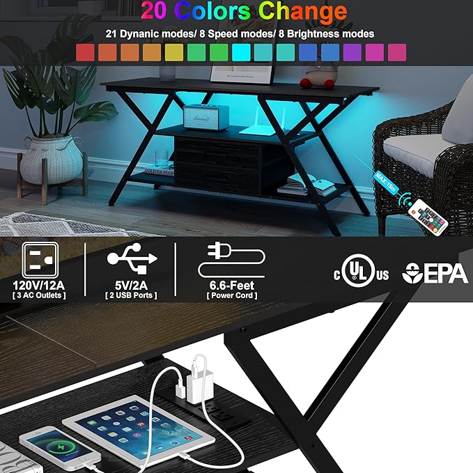 Modern 55" TV Stand with Power Outlet for TV up to 65 Inch, LED and 2 Storage Fabric Drawers, Entertainment Center with Charging Station for Living Room Bedroom (Charcoal Black) - LeafyLoom