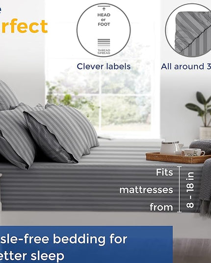 THREAD SPREAD Luxury Egyptian Cotton Queen Stripe Sheet Set, 600 Thread Count Extra Long Staple 4 PC Set, Queen Damask Sheets, Soft, Cooling Sateen Weave Sheets Upto 18" Deep Pocket - Dark Grey - LeafyLoom