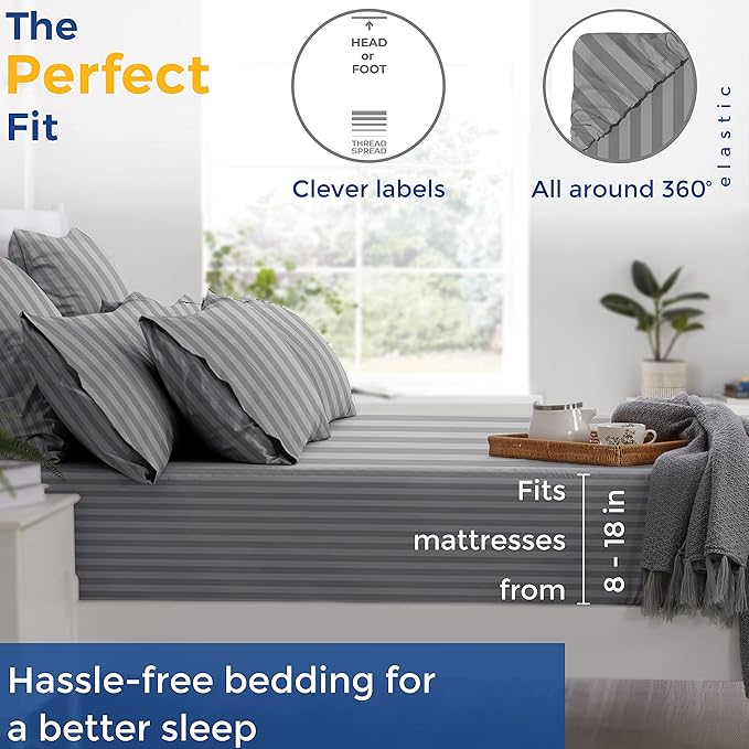 THREAD SPREAD Luxury Egyptian Cotton Queen Stripe Sheet Set, 600 Thread Count Extra Long Staple 4 PC Set, Queen Damask Sheets, Soft, Cooling Sateen Weave Sheets Upto 18" Deep Pocket - Dark Grey - LeafyLoom