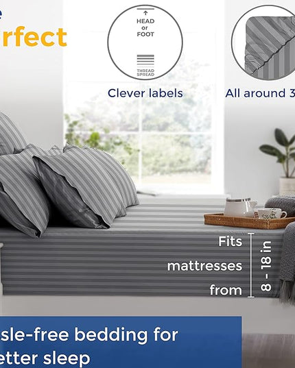 THREAD SPREAD Luxury Egyptian Cotton King Stripe Sheet Set, 600 Thread Count Extra Long Staple 4 PC Set, King Damask Sheets, Soft, Cooling Sateen Weave Striped Sheets Upto 18" Deep Pocket - Dark Grey - LeafyLoom