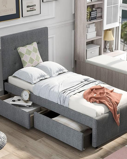Bellemave Upholstered Twin Size Platform Bed Frame with 2 Storage Drawers and Headboard, Linen Fabric Simple Style, Solid Wooden Slats Support, No Box Spring Needed, Grey - LeafyLoom