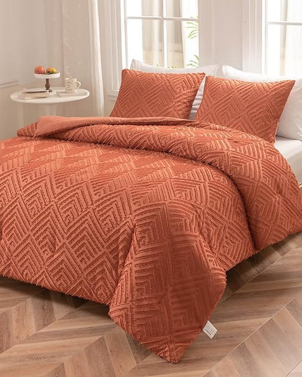 Queen Comforter Set, Tufted Terracotta Comforter Set Queen, Boho Bedding Comforter Sets Extra Fluffy, Ideal for All Seasons 3 Pieces (1 Comforter, 2 Pillowcases) - LeafyLoom