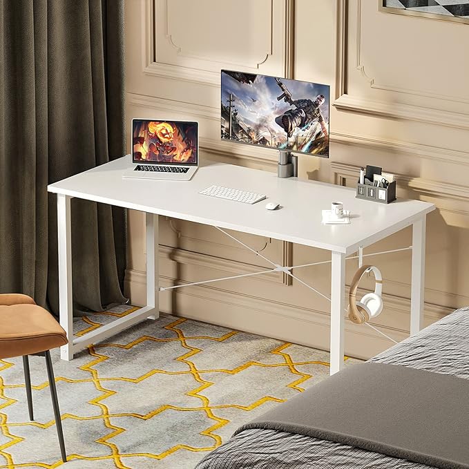 ODK Computer Desk Large Office Desk, 48 Inch Writing Desk with Storage, Modern PC Desk Work Table with Headphone Hook for Home Office, White + White Leg - LeafyLoom