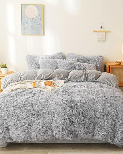 FOPPA Gray fluffy Comforter Cover Set king- Ultra Soft fluffy gray Bedding Sets 3 Pieces (1 Duvet Cover + 2 Pillow case) pink fluffy bed set (Gray, King) - LeafyLoom