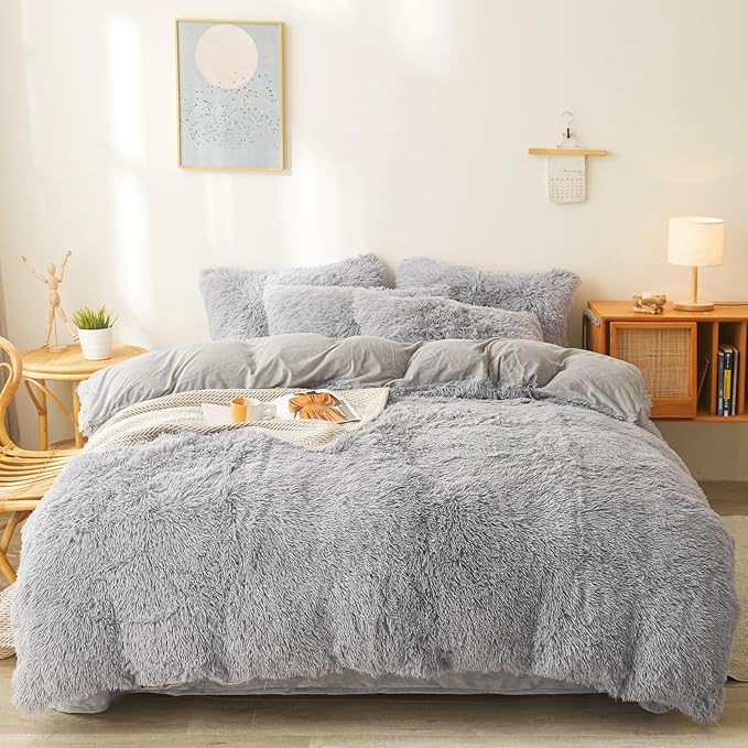 Fluffy gray comforters Cover twin size - Ultra Soft Plush gray bedding Sets 2 Pieces (1 faux fur comforter Cover + 1 fuzzy pillow case) girls shaggy gray twin bed set (Gray, Twin) - LeafyLoom