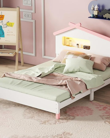 Bellemave Full Size Platform Bed with House-Shaped Headboard and Motion Activated Night Lights,Wood Twin Kids Bed Frame for Girls,Boys(Twin,Pink) - LeafyLoom