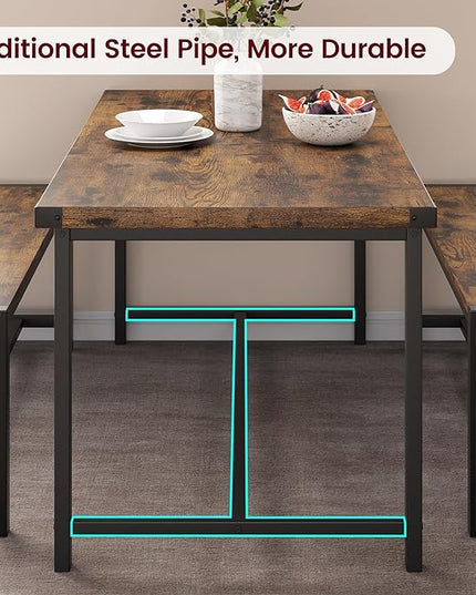 Kitchen Table with Benches, Dining Table Set for 4, Rectangular Dining Room Table Set with 2 Sturdy Benches, 3 Piece Kitchen Table Set for Small Space, Apartment, Studio, Retro Brown - LeafyLoom