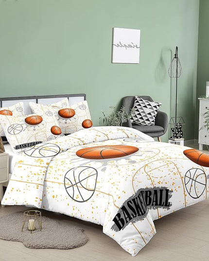 NINENINE White Basketball Comforter Sets for Teen Boys Full Size Sports Bedding White and Gold Comforter Sets with 1 Comforter 2 Pillowcases - LeafyLoom