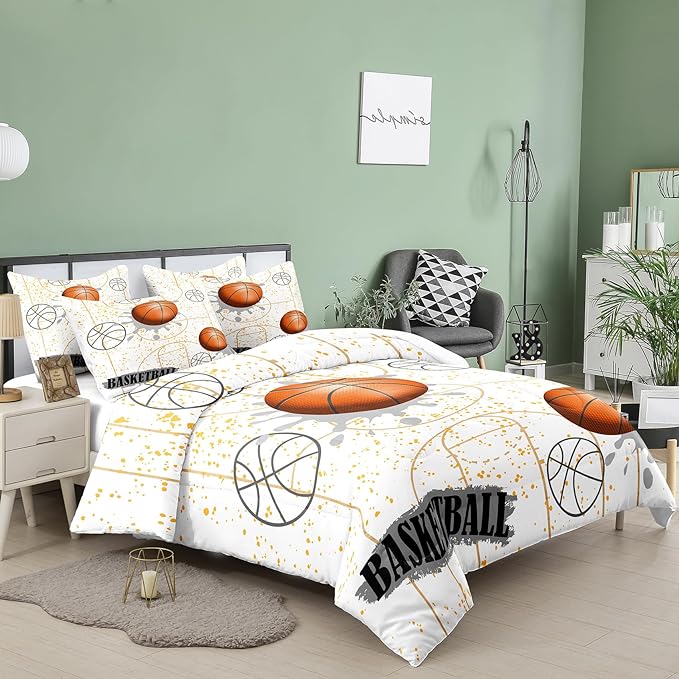 NINENINE White Basketball Comforter Sets for Teen Boys Full Size Sports Bedding White and Gold Comforter Sets with 1 Comforter 2 Pillowcases - LeafyLoom