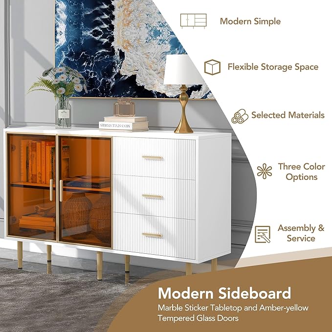 Modern Sideboard MDF with Marble Sticker Tabletop and Amber-Yellow Tempered Glass Doors,Freestanding Buffet Storage Cabinet,W/Gold Metal Legs & Handles,for Dining Room,Kitchen,White, 60" - LeafyLoom
