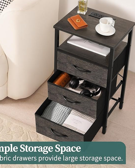 Yoobure Night Stand with Charging Station, 20 Colors LED Nightstand with USB Ports and Outlets, End Table with 3 Fabric Drawers and Storage Shelf, Bedside Tables Small Dresser for Small Space, Gray - LeafyLoom
