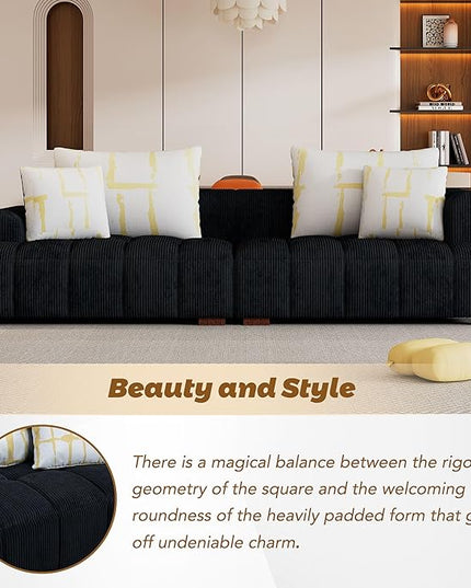 104" 4 Seaters Cloud Modular Corduroy Upholstery Sectional, Modern Living Room Upholstered Furniture Deep Seat Sofa & Couch with 4PCS Pillows and Rubber Wood Legs for Home Office Apartment, Black - LeafyLoom