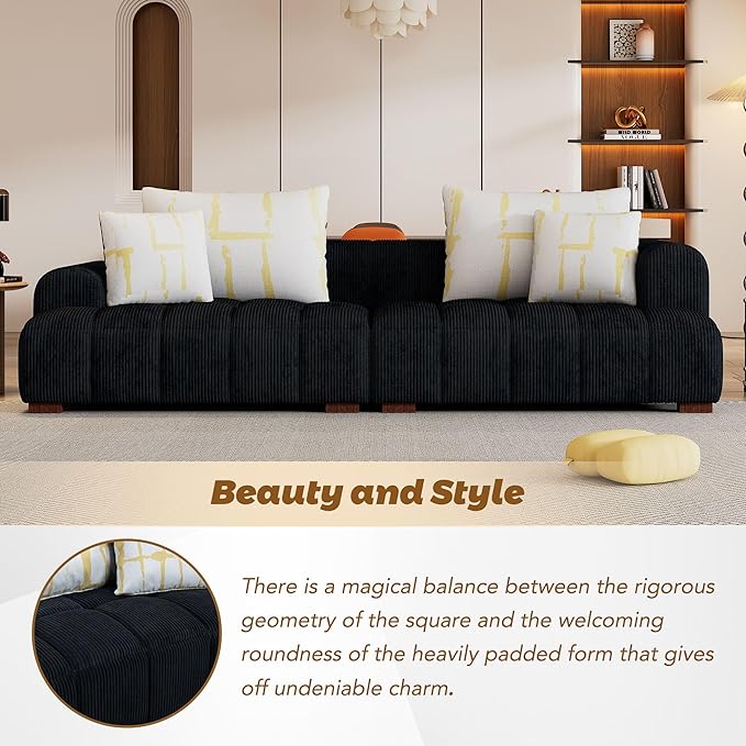 104" 4 Seaters Cloud Modular Corduroy Upholstery Sectional, Modern Living Room Upholstered Furniture Deep Seat Sofa & Couch with 4PCS Pillows and Rubber Wood Legs for Home Office Apartment, Black - LeafyLoom