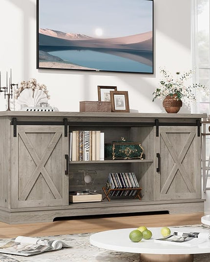 Entertainment Center for 65 Inch TV, Farmhouse TV Stand Media Console Table, Tall TV Stand with Sliding Barn Doors, Storage and Shelves, Wood TV Console Cabinet Furniture for Living Room, Grey - LeafyLoom