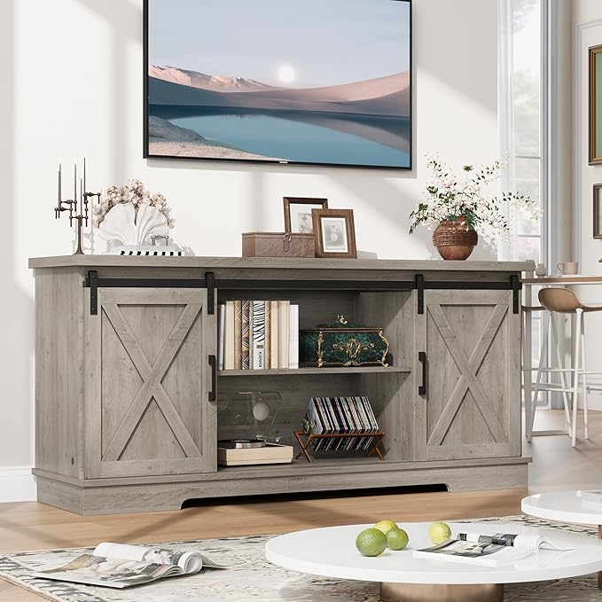 Entertainment Center for 65 Inch TV, Farmhouse TV Stand Media Console Table, Tall TV Stand with Sliding Barn Doors, Storage and Shelves, Wood TV Console Cabinet Furniture for Living Room, Grey - LeafyLoom