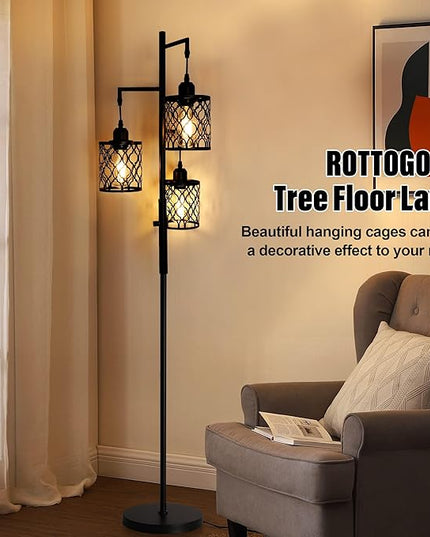 Dimmable Farmhouse Floor Lamp, Industrial Floor Lamp for Living Room with 3 X 6W LED Bulbs, 3 Light Rustic Standing Tall Lamp for Bedroom, Office, 68" - LeafyLoom