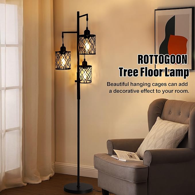 Dimmable Farmhouse Floor Lamp, Industrial Floor Lamp for Living Room with 3 X 6W LED Bulbs, 3 Light Rustic Standing Tall Lamp for Bedroom, Office, 68" - LeafyLoom