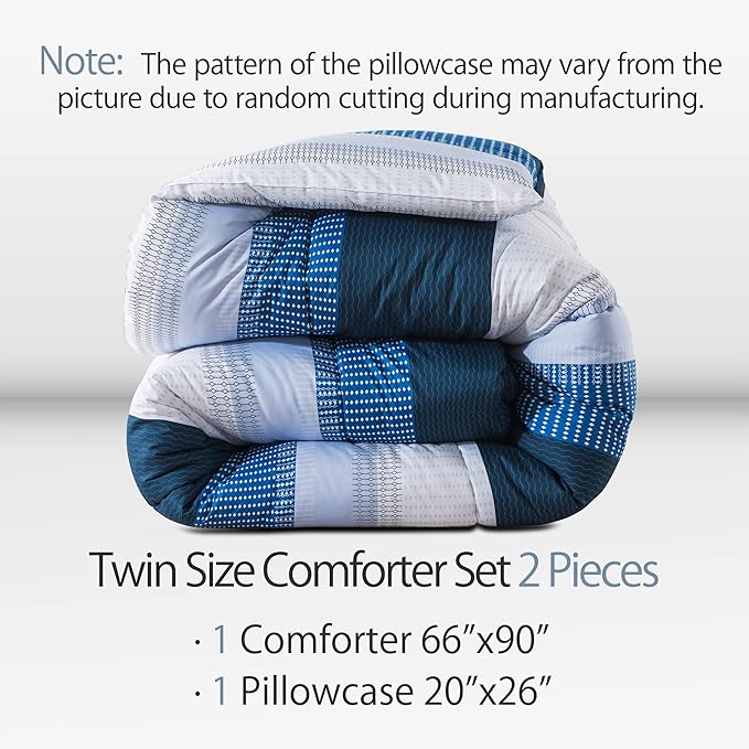 Andency Stripe Comforter Set Twin Size (66x90 Inch), 2 Pieces Navy Patchwork Striped Comforter, Soft Microfiber Down Alternative Comforter Bedding Set with Corner Loops - LeafyLoom