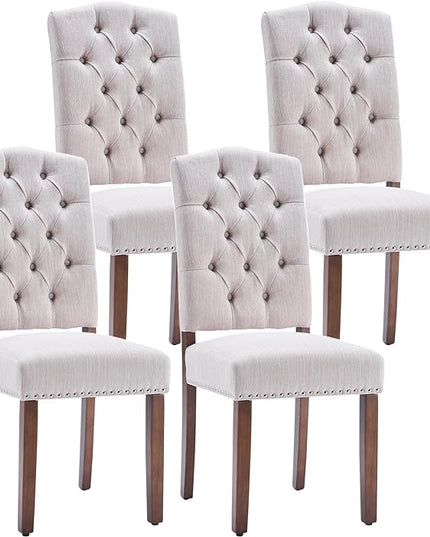 Stylish Upholstered Nailhead Trim and Sturdy Solid Wood Legs Parson Dining Chair, Set of 4, Beige - LeafyLoom