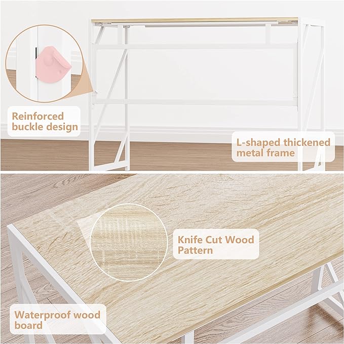 Elephance Folding Desk Writing Computer Desk for Home Office, No-Assembly Study Office Desk Foldable Table for Small Spaces - LeafyLoom