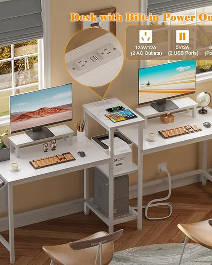 Furologee White 71" Gaming Desk with LED Lights, Long 2 Person Computer Desk with Printer Shelf and Monitor Stand, Double Office Desk with Cloth Bag and Hooks for Home Office (NO Power Outlets) - LeafyLoom