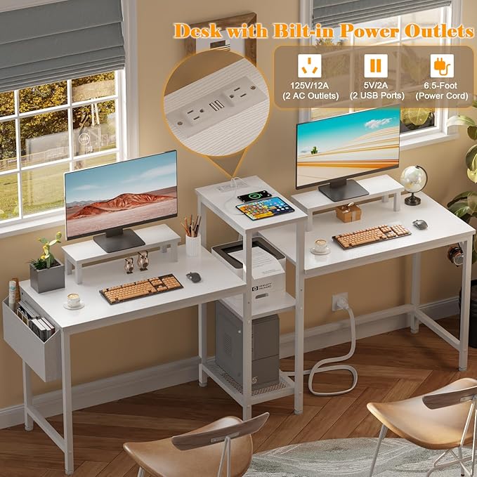 Furologee White 71" Gaming Desk with LED Lights, Long 2 Person Computer Desk with Printer Shelf and Monitor Stand, Double Office Desk with Cloth Bag and Hooks for Home Office (NO Power Outlets) - LeafyLoom