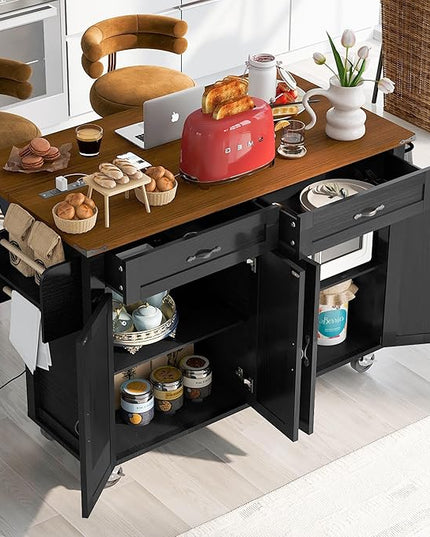 53.5'' Farmhouse Kitchen Island Cart with Power Outlet, Kitchen Island with Storage,Drop Leaf and Spice Rack, Rolling Kitchen Cart on Wheels for Home, Kitchen and Dining Room - LeafyLoom
