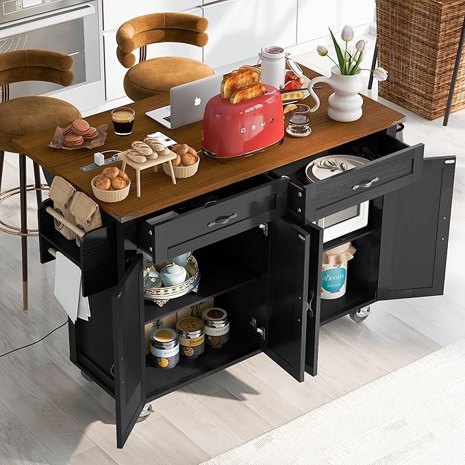 53.5'' Farmhouse Kitchen Island Cart with Power Outlet, Kitchen Island with Storage,Drop Leaf and Spice Rack, Rolling Kitchen Cart on Wheels for Home, Kitchen and Dining Room - LeafyLoom