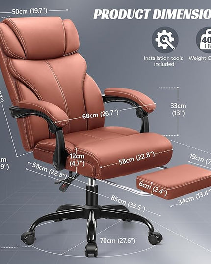 Office Chair, Executive Leather Chair Big and Tall Ergonomic Computer Desk Chair, Comfy Swivel Rolling Reclining Lumbar Support Task Chair with Adjustable High Back Foot Rest for Home Gaming - LeafyLoom