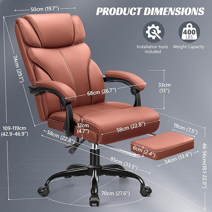 Office Chair, Executive Leather Chair Big and Tall Ergonomic Computer Desk Chair, Comfy Swivel Rolling Reclining Lumbar Support Task Chair with Adjustable High Back Foot Rest for Home Gaming - LeafyLoom