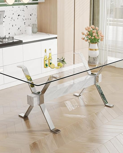 NicBex Dining Table Modern Tempered Glass Dining Table Large Modern Office Desk with Silver Plated Metal Legs and MDF Crossbars, Suitable for Both Home and Office Use, Silver + White - LeafyLoom