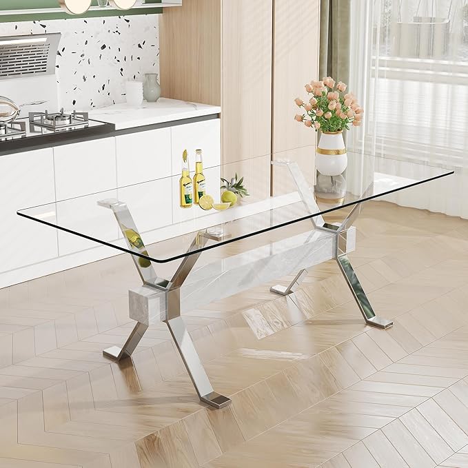 NicBex Dining Table Modern Tempered Glass Dining Table Large Modern Office Desk with Silver Plated Metal Legs and MDF Crossbars, Suitable for Both Home and Office Use, Silver + White - LeafyLoom