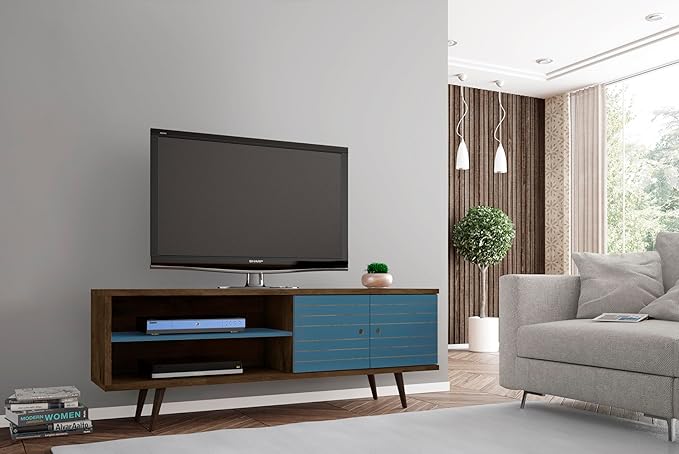 Manhattan Comfort Liberty Mid Century Modern TV Stand for Televisions up to 60 Inches, Bedroom and Living Room Entertainment Center with Storage, Shelves, and Cabinet, 63" Wide, Rustic Brown/Aqua - LeafyLoom