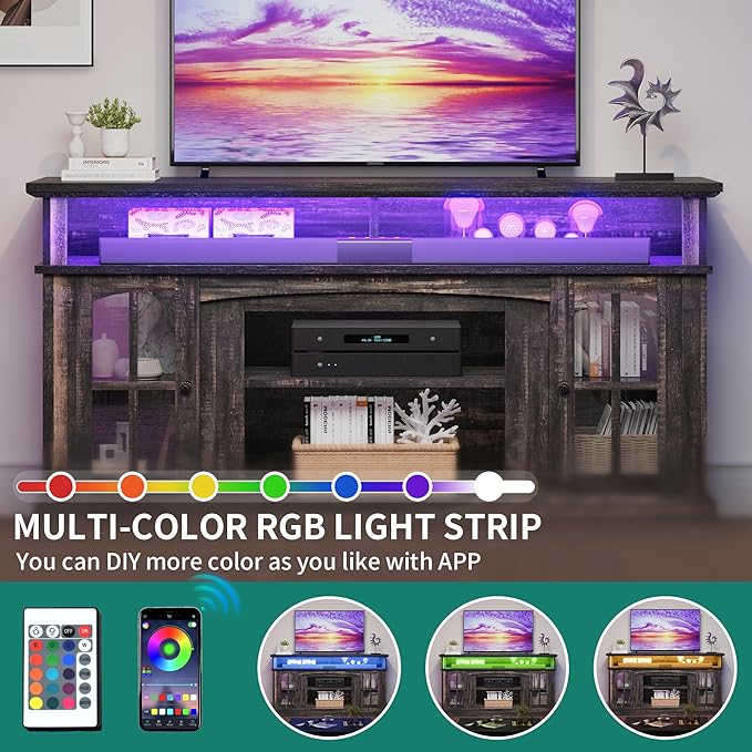 YITAHOME LED Farmhouse TV Stand for TV up to 65" w/Outlets, Highboy Media Entertainment Center Console Table Adjustable Storage Shelves &Cabinet Glass Door for 400lbs for Living Room, Dark Rustic Oak - LeafyLoom