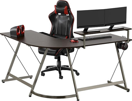 SHW Vista L-Shape Desk with Monitor Stand, Espresso - LeafyLoom