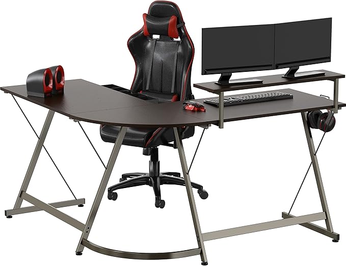 SHW Vista L-Shape Desk with Monitor Stand, Espresso - LeafyLoom