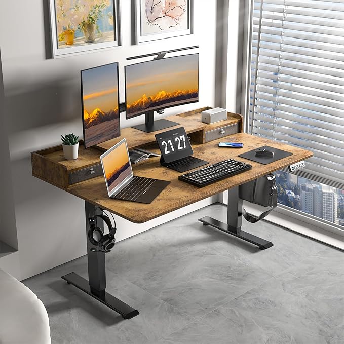 55×30 Inch Electric Standing Desk with 2 Drawers, Adjustable Height Widened Stand Up Desk with Storage Shelf, Sit to Stand Ergonomic Workstation for Home Office - LeafyLoom