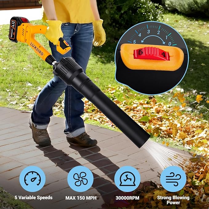 Leaf Blower Cordless with 2X 4.0Ah Batteries Powered, 150 MPH, 5 Variable Speed, Lightweight Electric Leaf Blower for Lawn Care, Snow, Gifts, Garage, Rooftop - LeafyLoom
